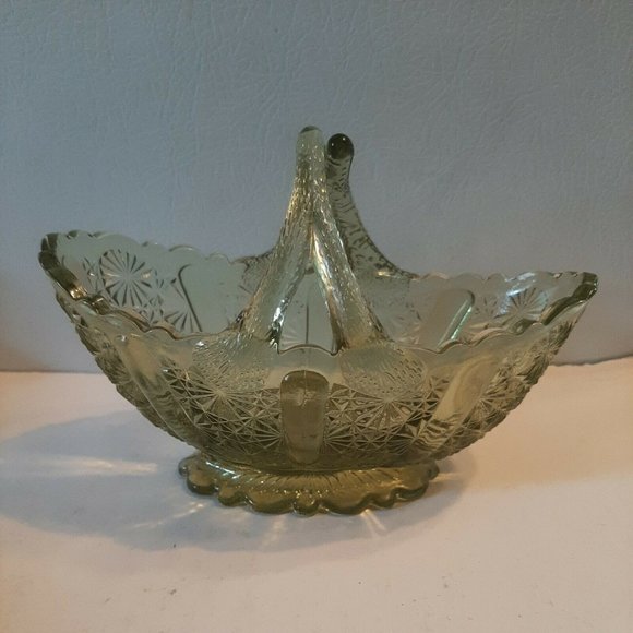 Fenton Green Glass Daisy and Button Oval Basket Split Twig Handle - Picture 4 of 11